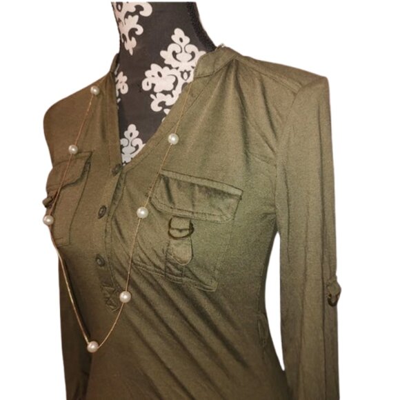 womens olive Green  long sleeve Bodycon Dress W/ Bronze Hardware - Picture 3 of 13